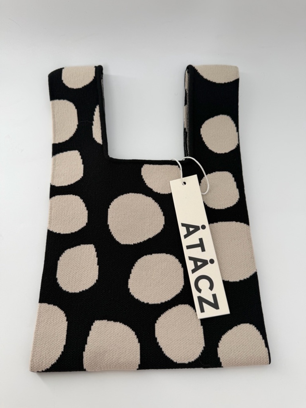 Atacz Bazzer Knitted Square Boxy Mini Tote In Black Polka Dots